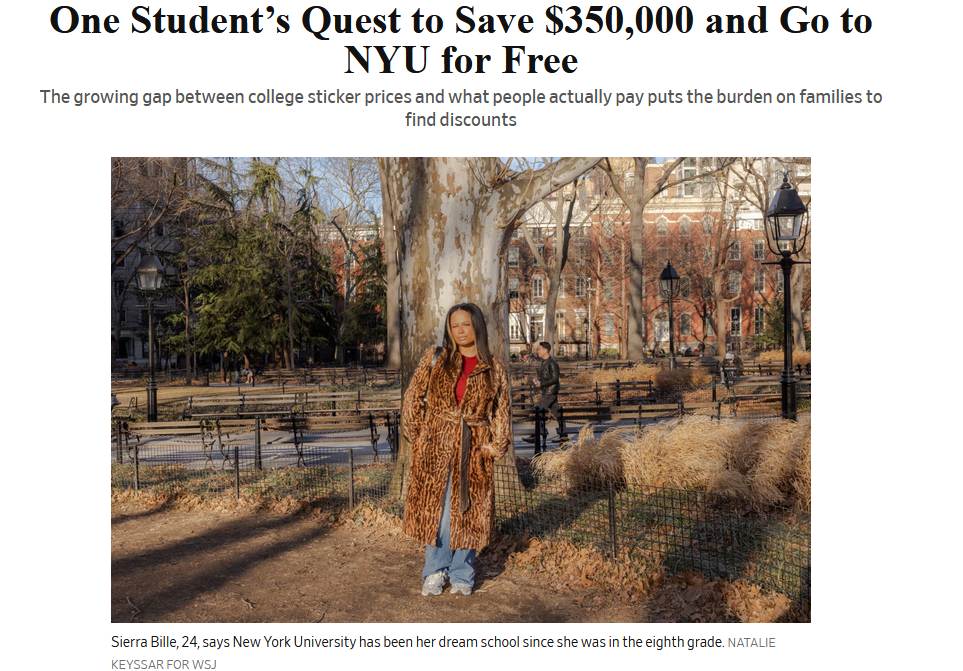 Wall Street Journal article: One Student's Quest to Save $350,000 and Go to NYU for Free